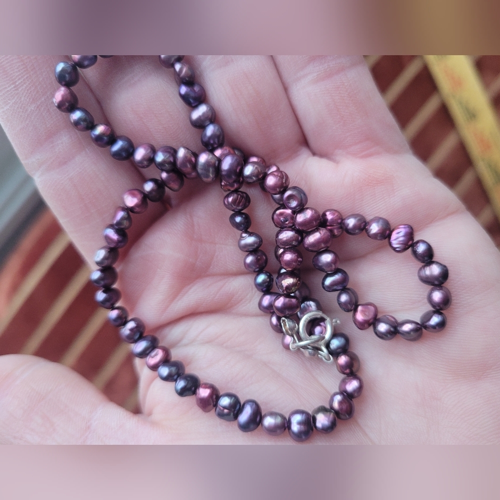 Genuine Purple Pearl Necklace Sterling Silver Clasp - Picture 7 of 14